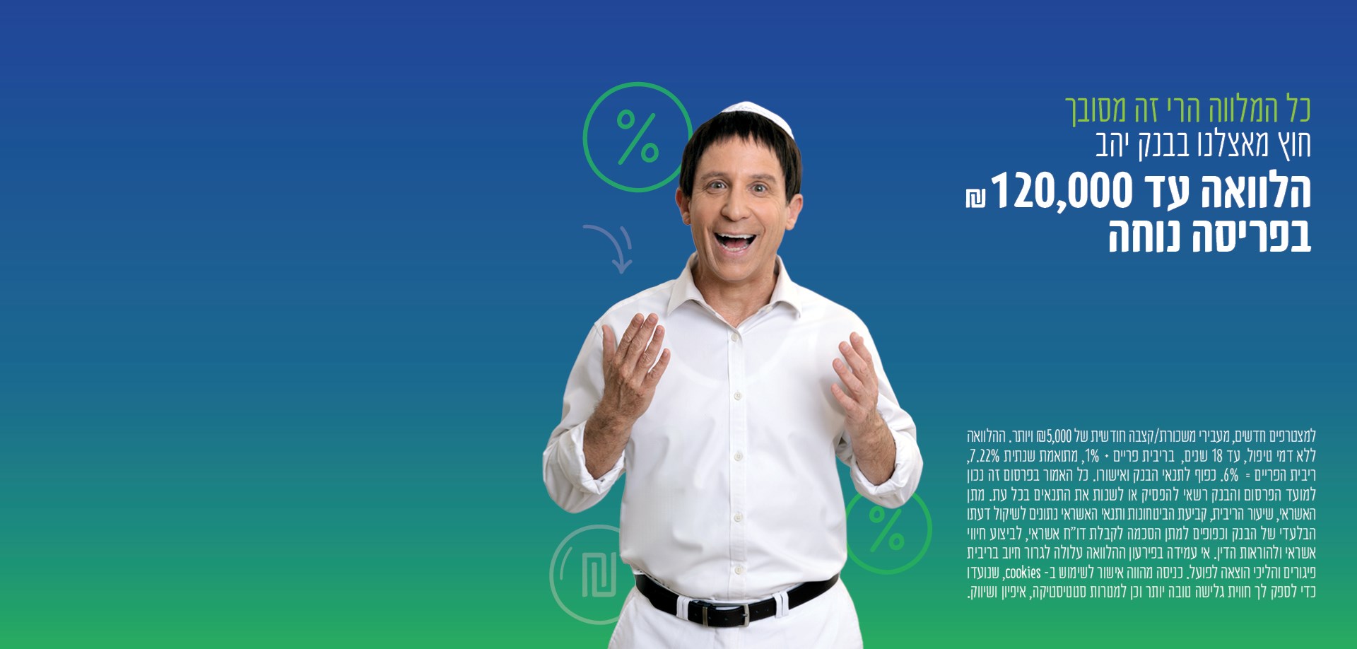 כל המלווה הרי שה מסובך, חוץ מאצלנו בבנק יהב הלוואה עד 120,000 שח בפריסה נוחה. למצטרפים חדשים מעבירי משכורת או קצבה חודשית משל 5,000 שח. ההלוואה ללא דמי טיפול עד 18 שנים בריבית פריים פלוס 1%